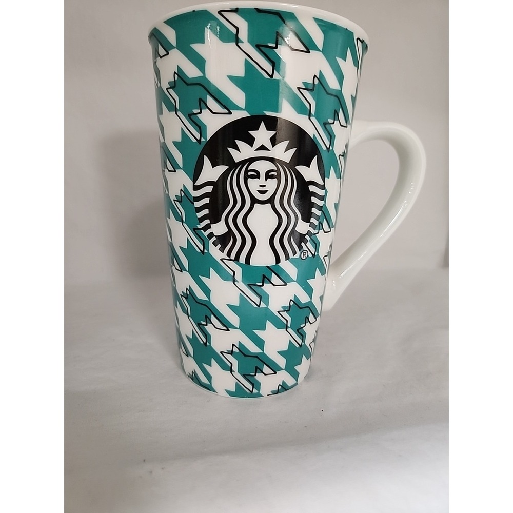 Starbucks‎ 2017 Teal Houndstooth Ceramic Latte Mug 16oz Siren Logo Geometric